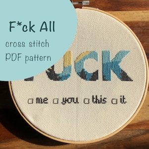 Puede incluir: Un patrón de punto de cruz en un aro con la palabra "F*ck" en letras de colores y el texto "me you this it" debajo. El patrón es para un proyecto de punto de cruz.
