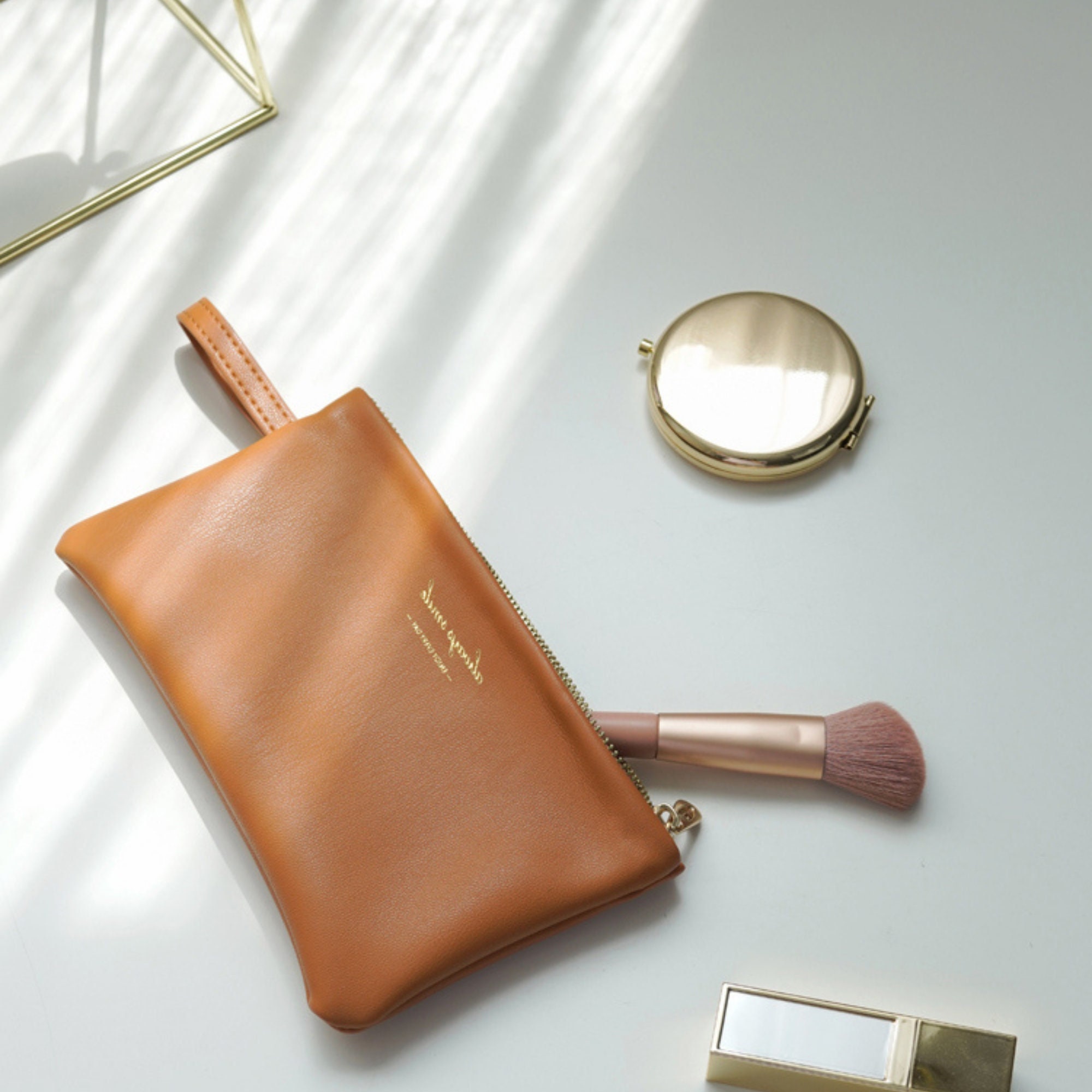 Slim Minimal Style Leather Makeup Bag Small Light Storage 