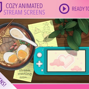 Animated Twitch screens, cozy Lofi streaming screen, anime twitch overlay, rainy gamer night scene, ramen noodle gamer screen, chill stream