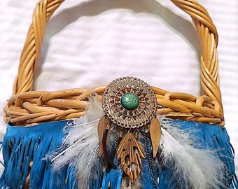 Amazing Weaved Basket with Native American Inspirations of  Sun, Gods, Feathers and Turquise and Brown leatherlike fringe.