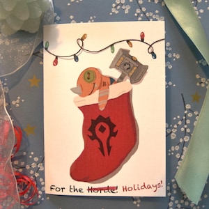 Cartão de Natal WoW, cartão inspirado em World of Warcraft, World of Warcraft, arte de jogo, meia de Natal, Natal, Horda