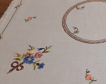 Vintage floral embroidery Handmade Cotton fabric tablecloth , retro tablecloth, Mid century tablecloth, Scandinavian vintage tablecloth (3)