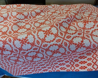 60s woven linens square tablecloth , retro kitchen table cover , Scandinavian design , vintage home textile , red white tablecloth (E2)