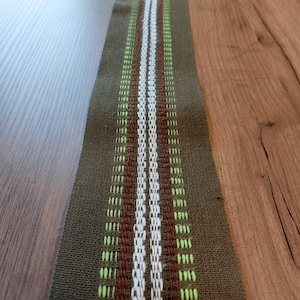 Vintage woven acrylic table scarf , green folk table scarf, Scandinavian vintage table decor , table stripe table runner (E1)