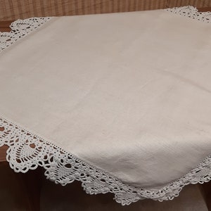 Vintage Handmade linen - cotton crochet edges tablecloth , retro tablecloth , classic tablecloth 70s tablecloth textiles vintage (3)