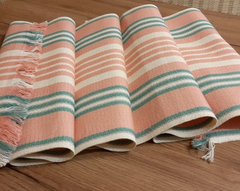 Vintage Woven Cotton fabric pink green beige colors table runner, table topper, table dressing, table decor , Vintage textiles Sale (5)
