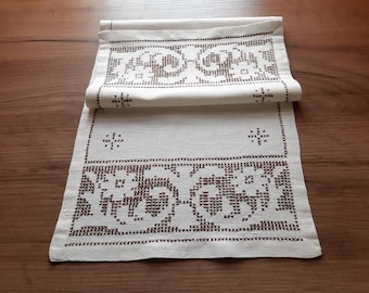 Vintage floral hand embroidered short table runner, table topper, table mat, Mid century Scandinavian handmade table mat (E5)