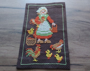 Vintage hand embroidered linen table mat, Scandinavian Country house wall hanging, Vintage tapestry knit, Farmhouse wamring (E4)