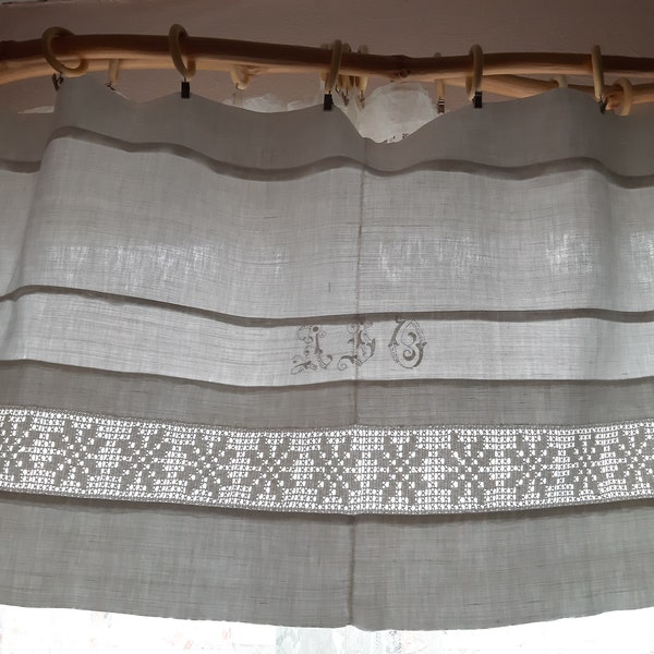 Vintage handmade Classic Retro White Cotton valance curtain with embroidery initials and crochet fragments , Antique valance curtain (3)