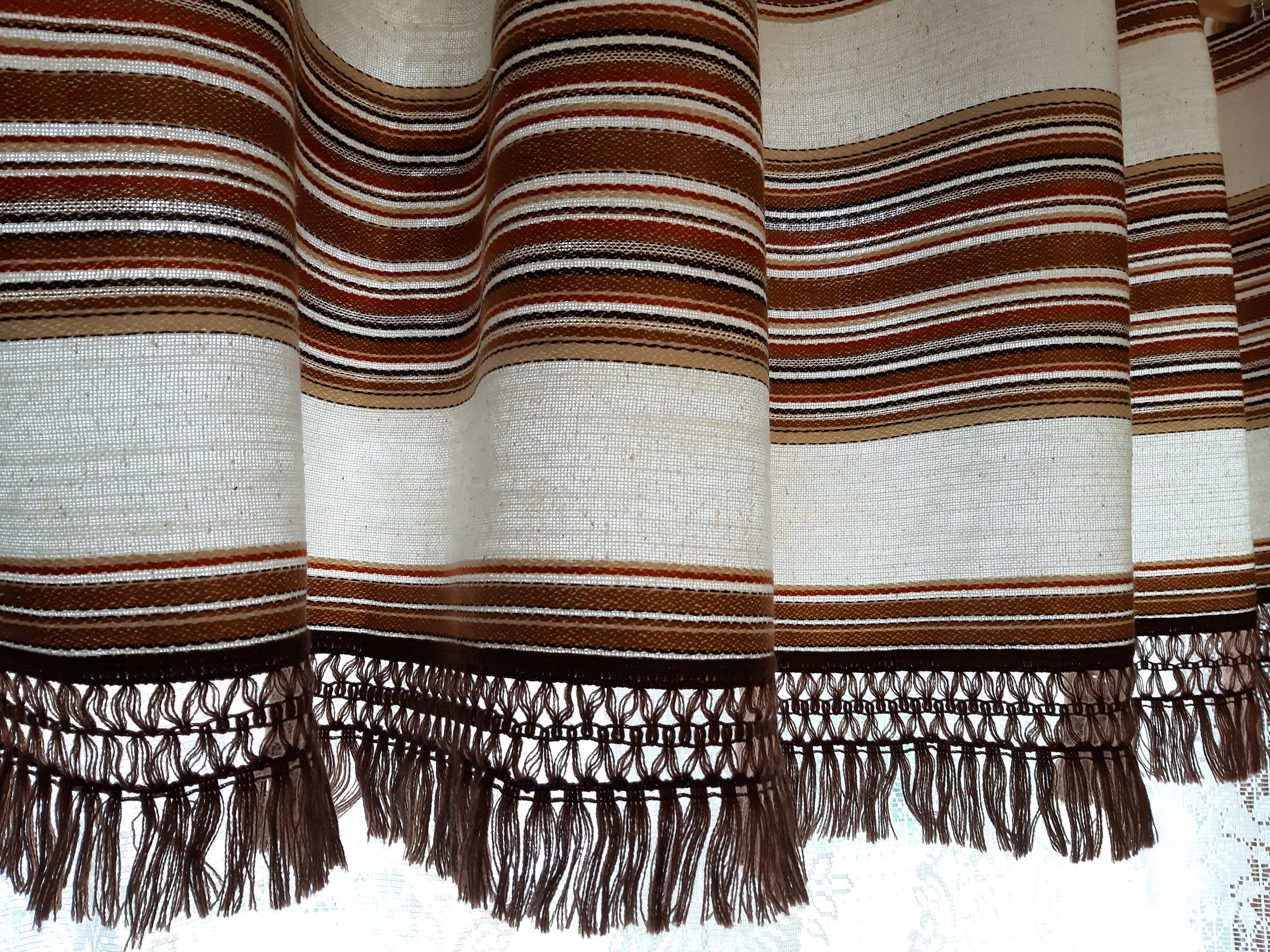 Vintage Woven Brown Beige Striped Valance Curtain Retro Etsy UK