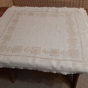 Vintage White gray embroidered cotton fabric lace edges tablecloth, rustic tablecloth, retro tablecloth, kitchen tablecloth Scandinavian (3)