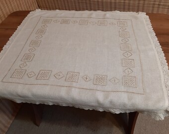 Vintage White gray embroidered cotton fabric lace edges tablecloth, rustic tablecloth, retro tablecloth, kitchen tablecloth Scandinavian (3)