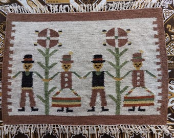 Antique Hand woven Scandinavian natural wool tapestry, folk woven tapestry, traditional folk wool wall hanging (-)