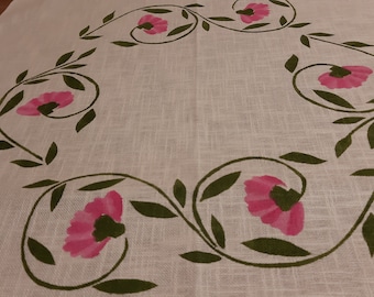 Vintage cotton floral Handmade print beige pink green tablecloth - table mat floral Scandinavian textiles sale, Summer tablecloth floral (3)