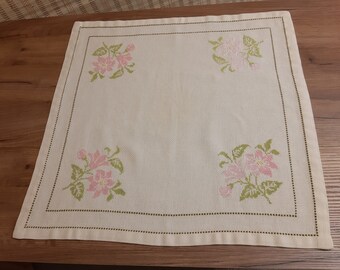 Vintage floral cross stitch embroidery beige pink green colors table mat, small tablecloth, placemats, hand embroidery doily (3)