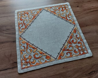 Vintage Handmade Cross stitch embroidered square linen table mat , vintage table linens, vintage hand embroidery , needlework (E4)