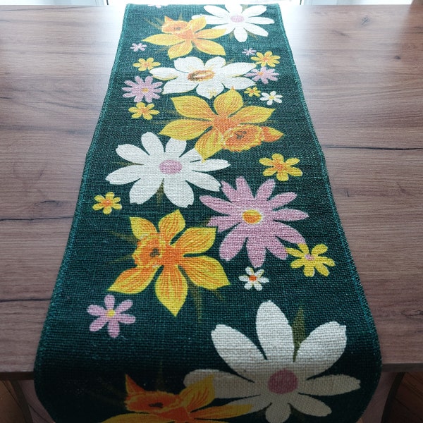 Floral vintage burlap table runner, Scandinavian hand printed table topper, table dressing, table dress (E4)