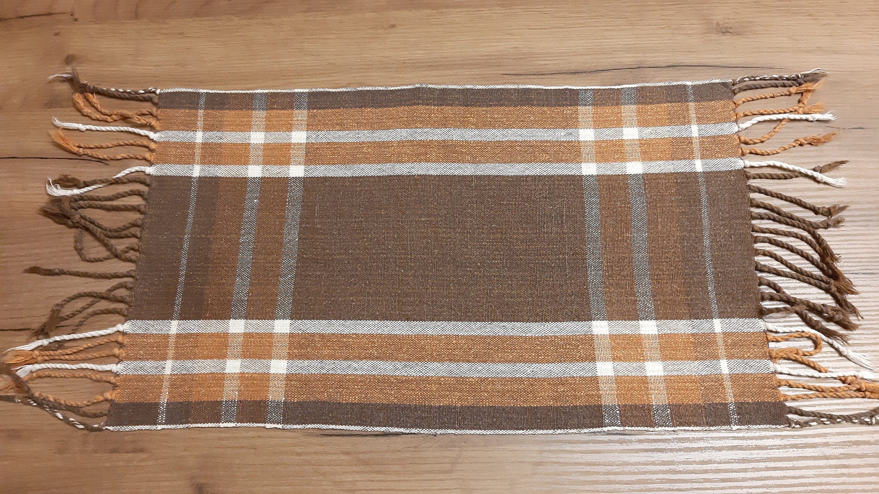 Vintage Cotton Linen Woven Brown White Table Mat With Fringes , Vintage Placemats, Rustic Retro