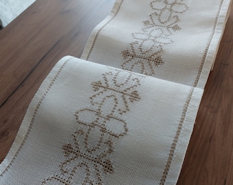 Vintage linen hand embroidered table scarf, table runner, table stripe , table mid decor, Scandinavian vintage table linens (E1)