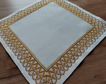 Handbroderad tjock fyrkantig linneunderlägg, skandinaviska vintagedukar, linnebordsdekor, vasmittdekoration (E2)