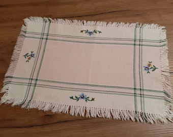 Vintage Scandinavian Woven Cross stitch floral embroidered cotton fabric Pink table mat, placemats vintage, table decors, textile (3)