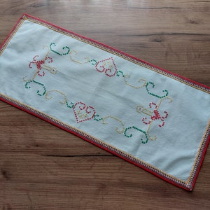 Vintage Christmas Cross stitch embroidered Scandinavian rectangle cotton short table runner, table mat, table topper table dressing (E2)