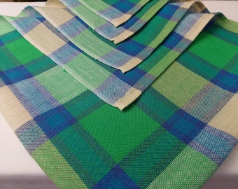 Vintage Finlayson woven acrylic tablecloth , vintage table cover, retro green blue white square tablecloth , kitchen tablecloth (E2)