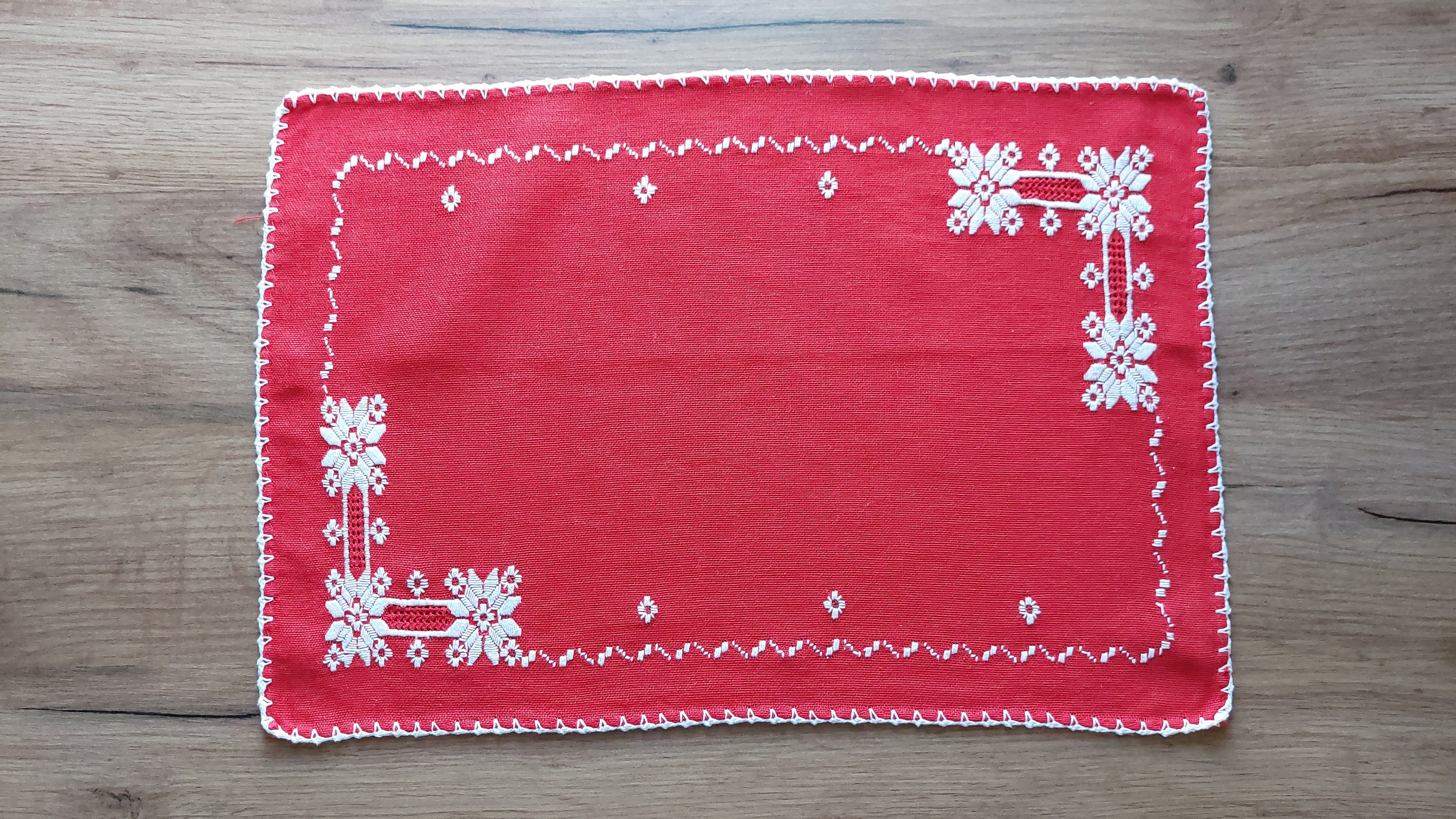Vintage Hand Embroidered Red White Table Mat Doily Etsy