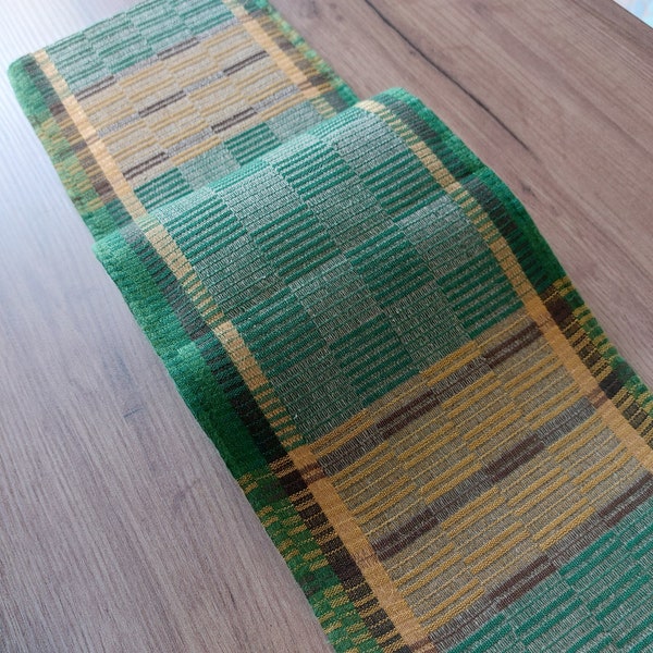 Vintage woven thin linen green yellow brown colors table scarf, Short linen table scarf, table linens, vintage linens, Scandinavian (E2)