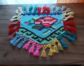 Vintage handmade floral rainbow table mat, vintage rainbow table decor, vintage textile (E3)