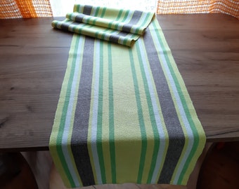 Vintage woven Linen table runner, table topper, table dressing , Short green brown table topper (E5)