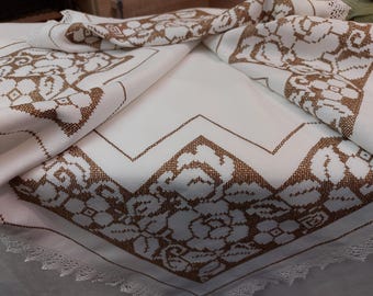 50s 60s Hand embroidered square cotton table cover, cross stitch hand embroidered Scandinavian Antique tablecloth (E2)