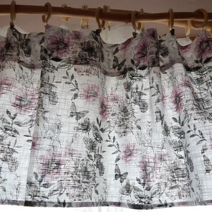 ヴィンテージコットンプリント花柄 - 蝶の白黒ピンクのバランスカーテン、ヴィンテージバランス、キッチンバランス、カフェカーテン、(3)