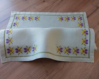 Vintage floral cross stitch hand embroidered linen table mat , linen table topper , Scandinavian Hand embroidery (E2)