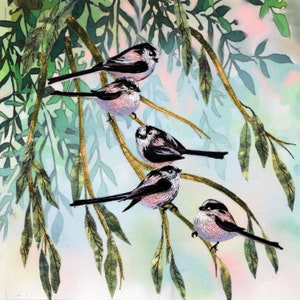 May include: A detailed illustration featuring several long-tailed birds perched on branches with green foliage. The birds have black, white, and pink plumage. The background is a soft watercolour wash of green, blue, and pink hues.