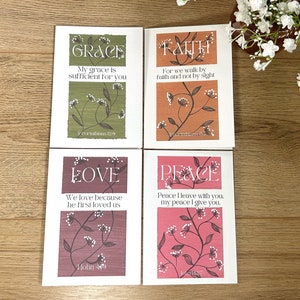 Set of 4 Bible themes cards  | Faith | Grace | Peace | Love | Bundle of Bible Verse cards | Christian cards