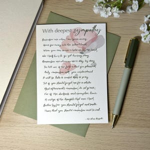 May include: A sympathy card with a watercolour illustration of pink flowers. The card features a poem about remembering a loved one who has passed away. The poem reads, "Remember me when I am gone away, Gone far away with the silent land; When you can no more hold me by the hand, Nor I half turn to go yet turning stay. Remember me when no more day by day You tell me of our future that you planned, Only remember me, you understand It will be late to counsel then or pray. Yet if you should forget me for a while And afterwards remember, do not grieve, For if the darkness and corruption leave A vestige of the thoughts that once I had, Better by far you should forget and smile Than that you should remember and be sad. -Christina Rossetti"