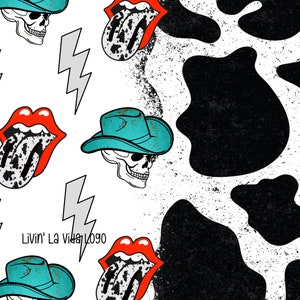 May include: A black and white cow print background with a turquoise cowboy hat and skull, a red and white tongue with black spots, and the text "Livin' La Vida Logo".