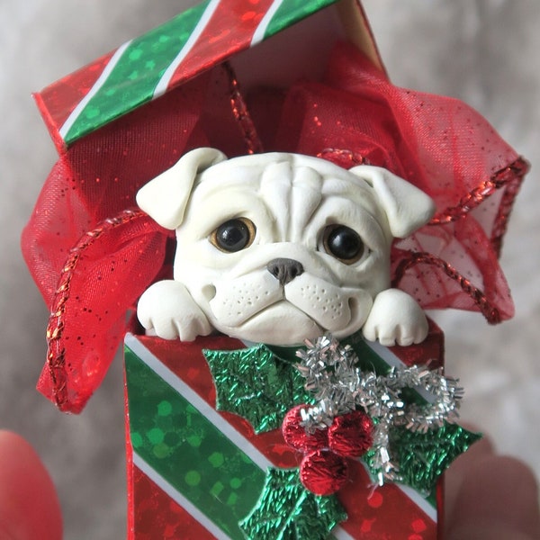 Cream Pug Christmas Ornament Hand Sculpted Furever Clay original collectible