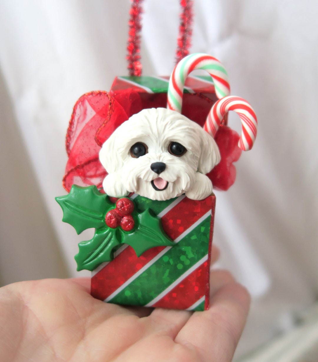 White Puppy Christmas Ornament Hand Sculpted Furever Clay Original