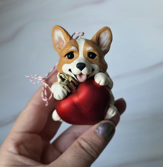 Corgi With Heart Ornament Hand Sculpted Furever Clay Original
