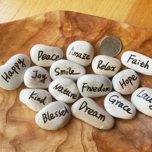 Set of 15 tiny inspirational word stones, Bowl filler, Kindness stones, pocket tokens, Rock painting, Home decor, wish stones, Wedding favor