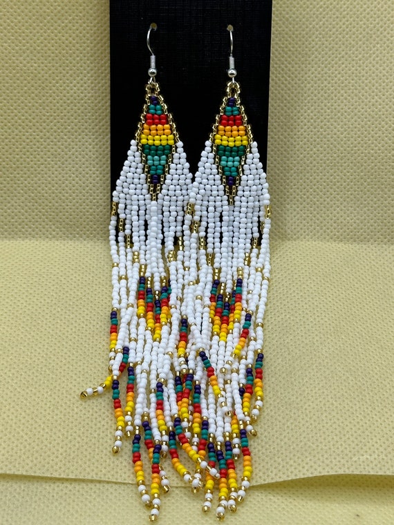 Gorgeous 7 Long Rainbow Beaded Dangle Earrings New Vintage Boho Natural Hippie Beads Pride Etsy
