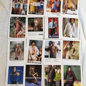 May include: A collection of vintage magazine advertisements featuring men's fashion. The ads showcase various clothing styles, including underwear, shirts, and suits. The color palette includes blues, yellows, and earth tones, with some ads displaying text like "BUILD A GREAT LOOKING WARDROBE".