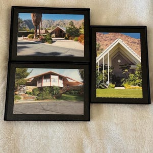 Retro Palm Springs Mid-Century Modern Iconic Architecture Framed Postcard Wall Art 5x7 Set of 3 Vintage MCM Gallery A-Frame Elvis Honeymoon