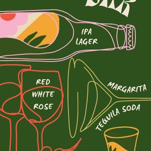 May include: A green background with the word "BAR" in a stylized font.  There are illustrations of different types of drinks, including beer, wine, margaritas, and shots.  The text "IPA Lager", "Red White Rose", "Margarita", "Tequila Soda", and "Shots" are included in the image.