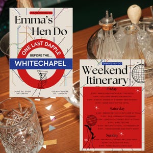 May include: Two invitation cards for "Emma's Hen Do" with a London Underground theme. One card says "One Last Dapple Before the Whitechapel" and the other is a weekend itinerary. The cards are on a wooden table with glasses and bottles.