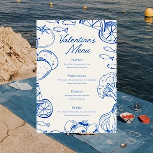 編集可能なバレンタインデー向けギリシャ風メニューテンプレート | Canva ロマンティックなレストランデザイン | 地中海風テーマ