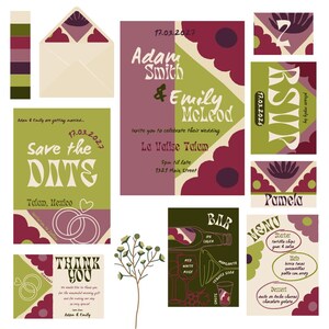 May include: A collection of wedding stationery with a retro design. Includes invitations, RSVP cards, a menu, and a bar menu. The color palette features olive green, burgundy, and cream. The invitation reads "Adam Smith & Emily McLeod" and "Save the Date".