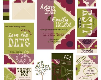 Burgundy & Lime Green Floral Wedding Invitation Suite: Colourful Editable Templates (PDF)